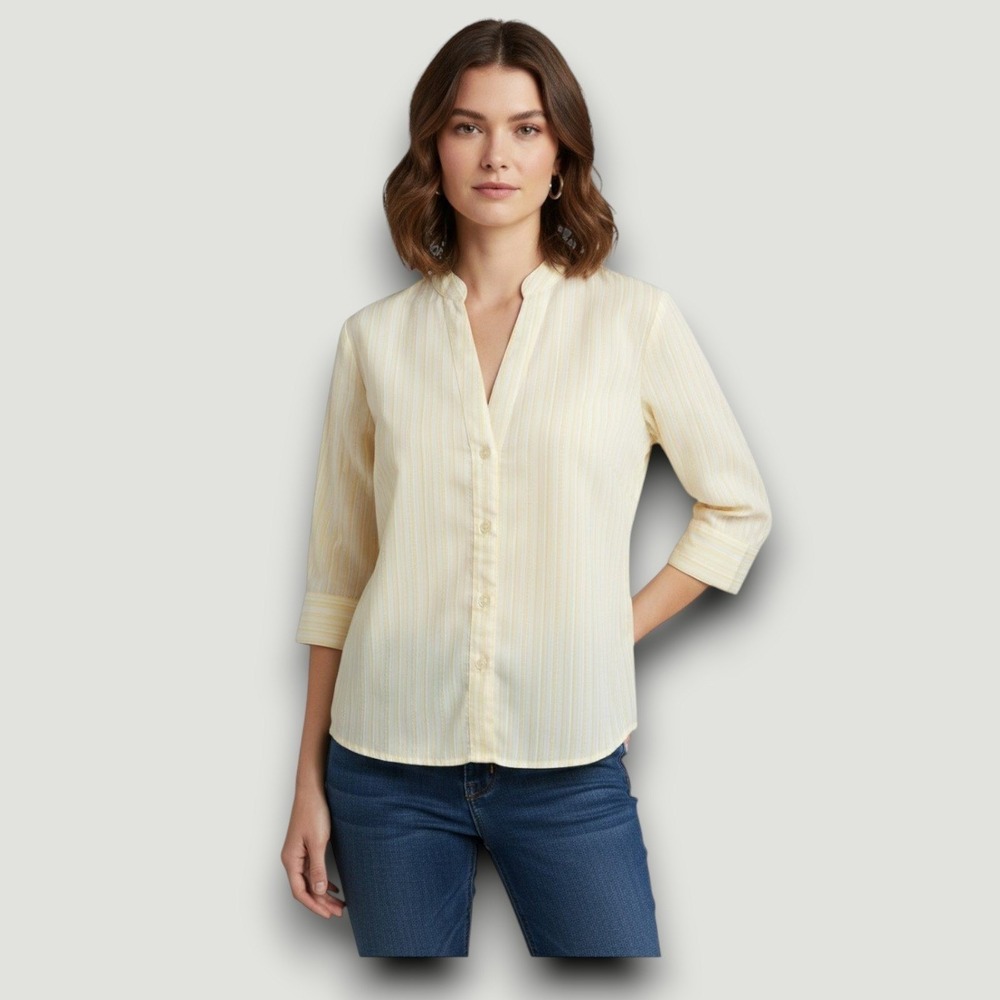 DCC Missy Blouse Womens‎ M Yellow Striped 3/4 Sleeve Button Front
